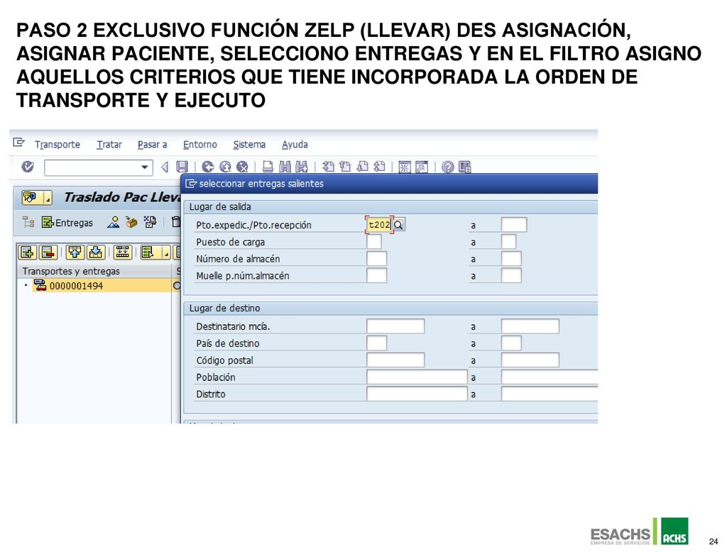 PASo 2 Exclusivo función ZELP (LLEVAR) des asignación, asignar paciente, selecciono entregas y en el filtro asigno aquellos criterios que tiene incorporada la orden de transportE y Ejecuto