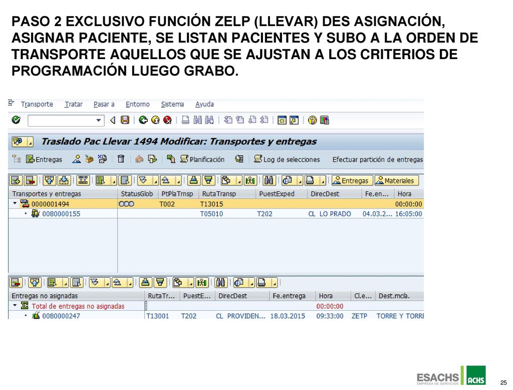 PASo 2 Exclusivo función ZELP (LLEVAR) des asignación, asignar paciente, se listan pacientes y subo a la orden de transporte aquellos que se ajustan a los criterios de programación luego grabo.