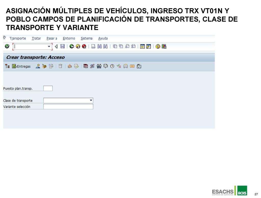 Asignación múltiples de vehículos, INGRESO TRX Vt01n y poblo campos de planificación de transportes, clase de transporte y variante