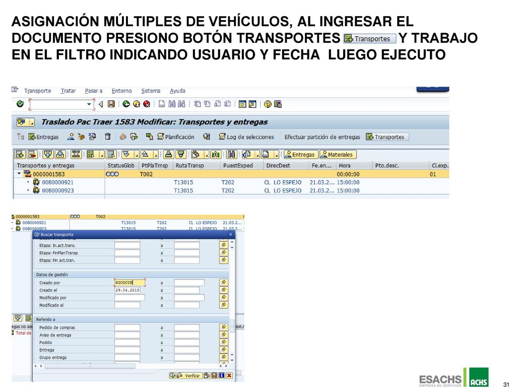 Asignación múltiples de vehículos, al ingresar el documento presiono botón transportes y trabajo en el filtro indicando usuario y fecha luego ejecuto