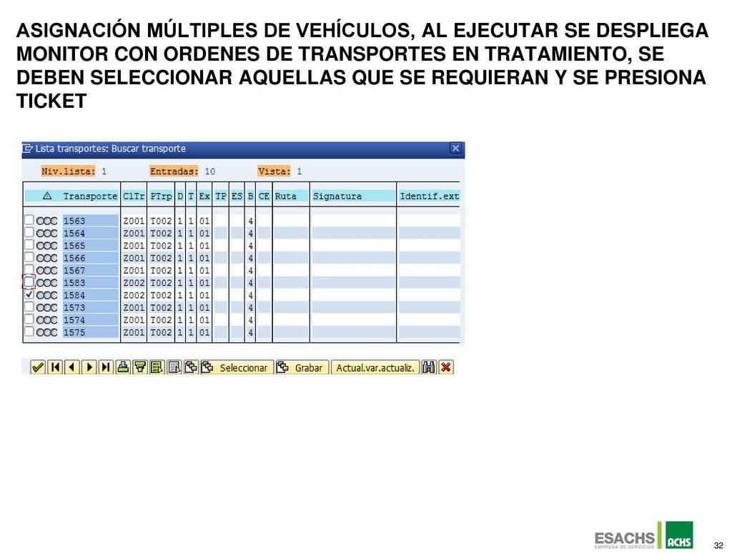 Asignación múltiples de vehículos, al ejecutar se despliega monitor con ordenes de transportes en tratamiento, se deben seleccionar aquellas que se requieran y se presiona ticket