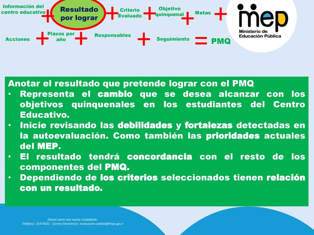 = Anotar el resultado que pretende lograr con el PMQ