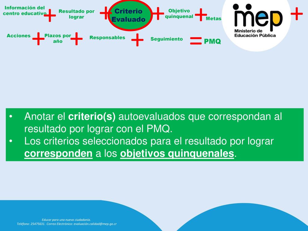 Información del centro educativo. Resultado por lograr. Criterio Evaluado. Objetivo quinquenal.