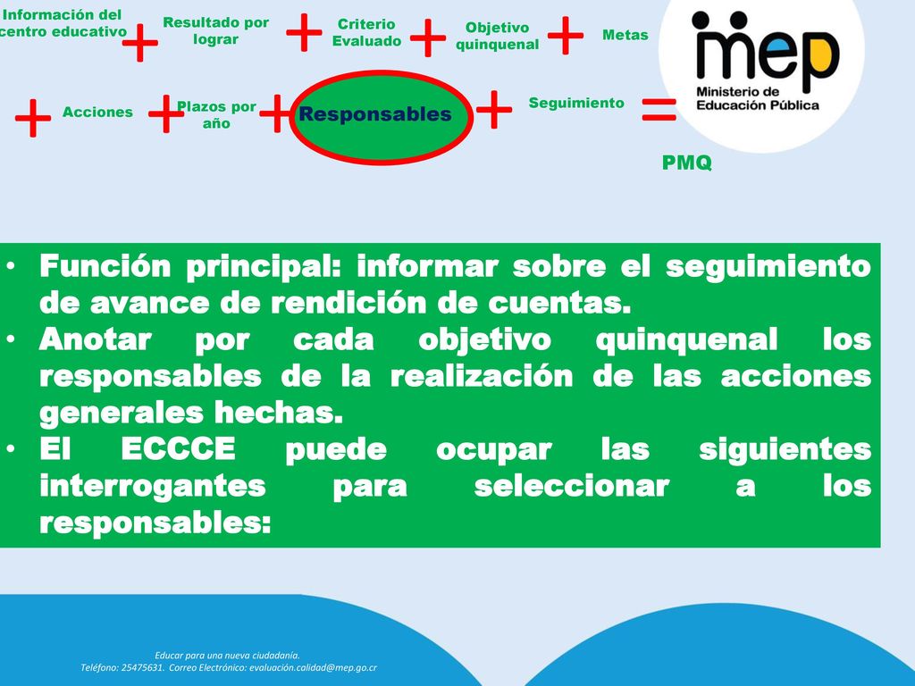 Información del centro educativo. Resultado por lograr. Criterio Evaluado. Objetivo quinquenal.