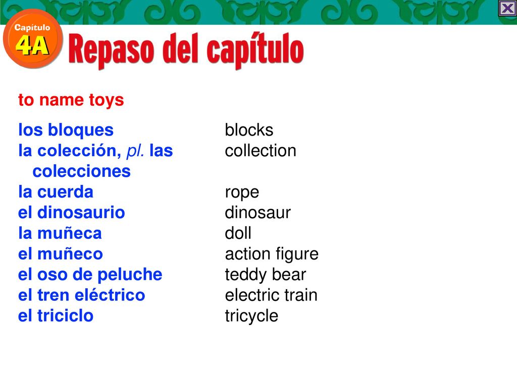 to name toys los bloques. la colección, pl. las. colecciones. la cuerda. el dinosaurio. la muñeca.