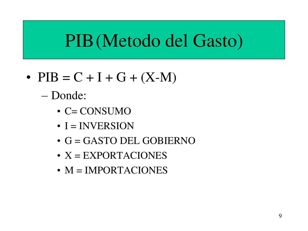PIB (Metodo del Gasto) PIB = C + I + G + (X-M) Donde: C= CONSUMO