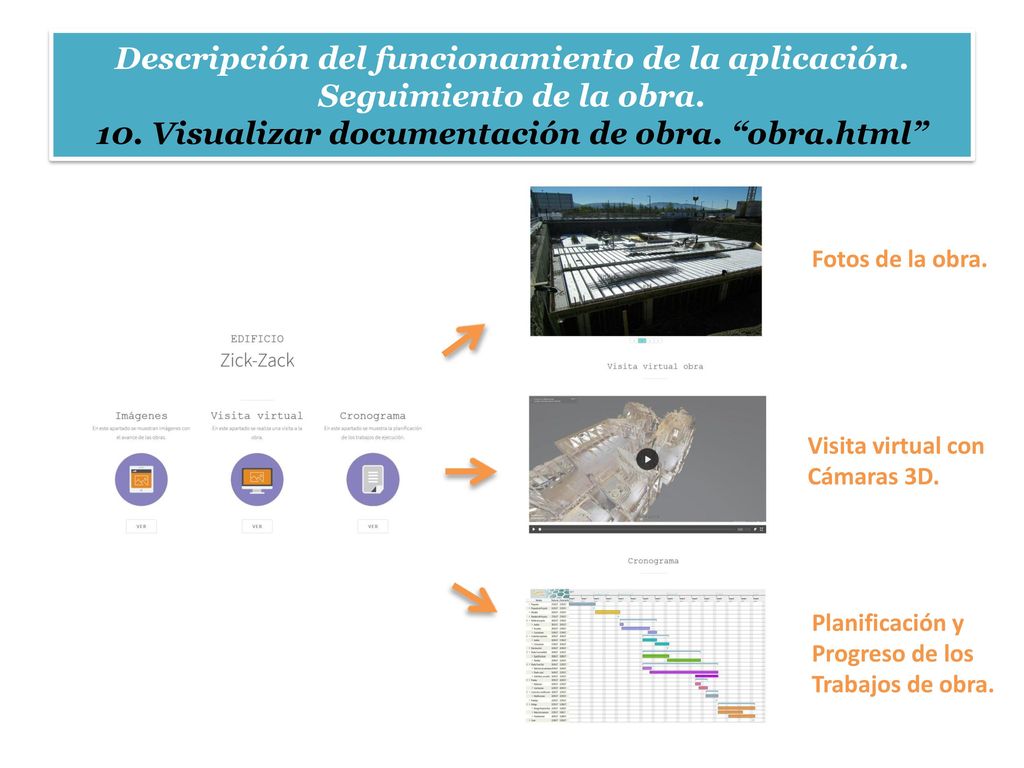 Descripción del funcionamiento de la aplicación. Seguimiento de la obra. 10. Visualizar documentación de obra. obra.html