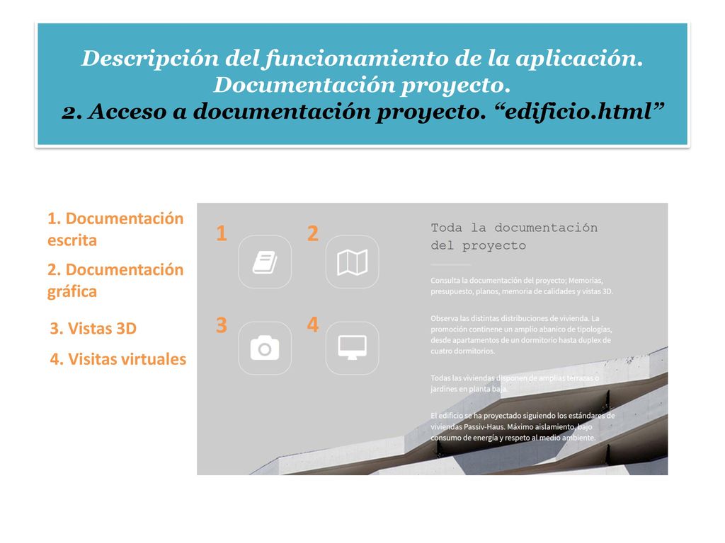 Descripción del funcionamiento de la aplicación. Documentación proyecto. 2. Acceso a documentación proyecto. edificio.html