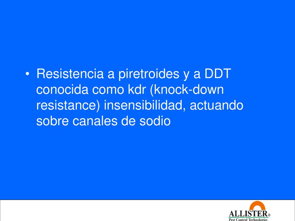 Resistencia a piretroides y a DDT conocida como kdr (knock-down resistance) insensibilidad, actuando sobre canales de sodio