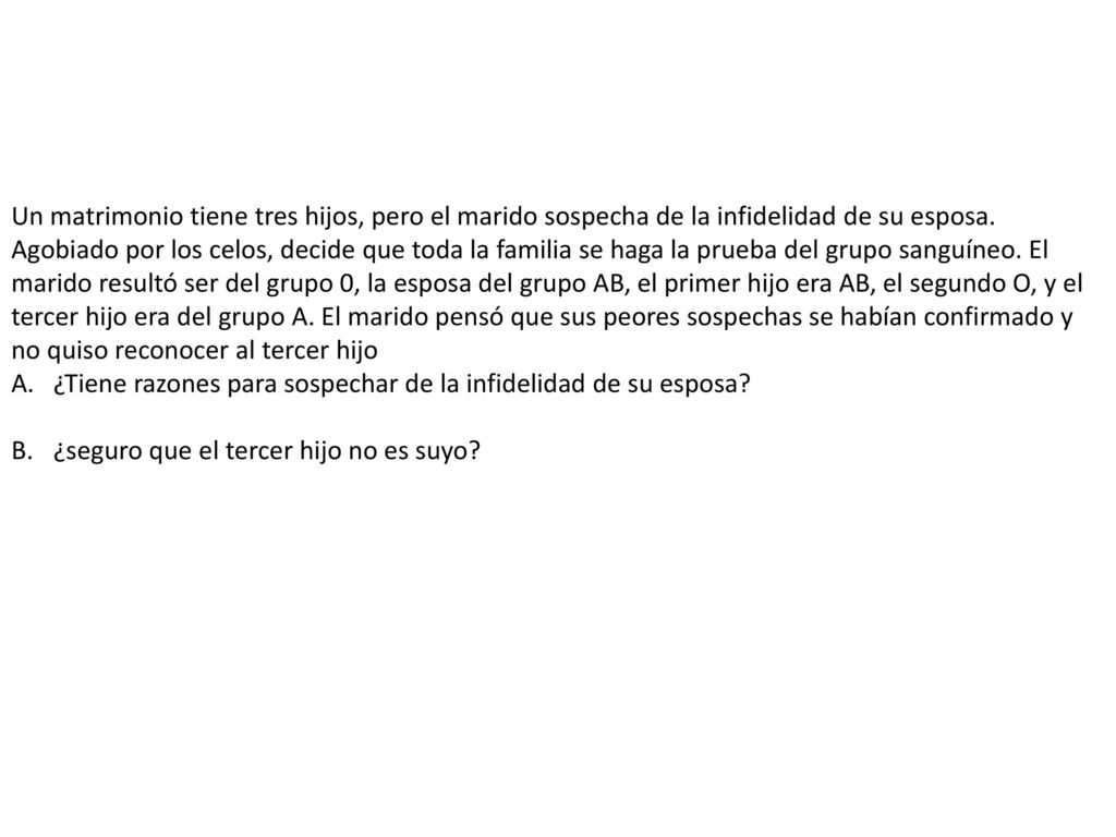 Un matrimonio tiene tres hijos, pero el marido sospecha de la infidelidad de su esposa. Agobiado por los celos, decide que toda la familia se haga la prueba del grupo sanguíneo. El marido resultó ser del grupo 0, la esposa del grupo AB, el primer hijo era AB, el segundo O, y el tercer hijo era del grupo A. El marido pensó que sus peores sospechas se habían confirmado y no quiso reconocer al tercer hijo