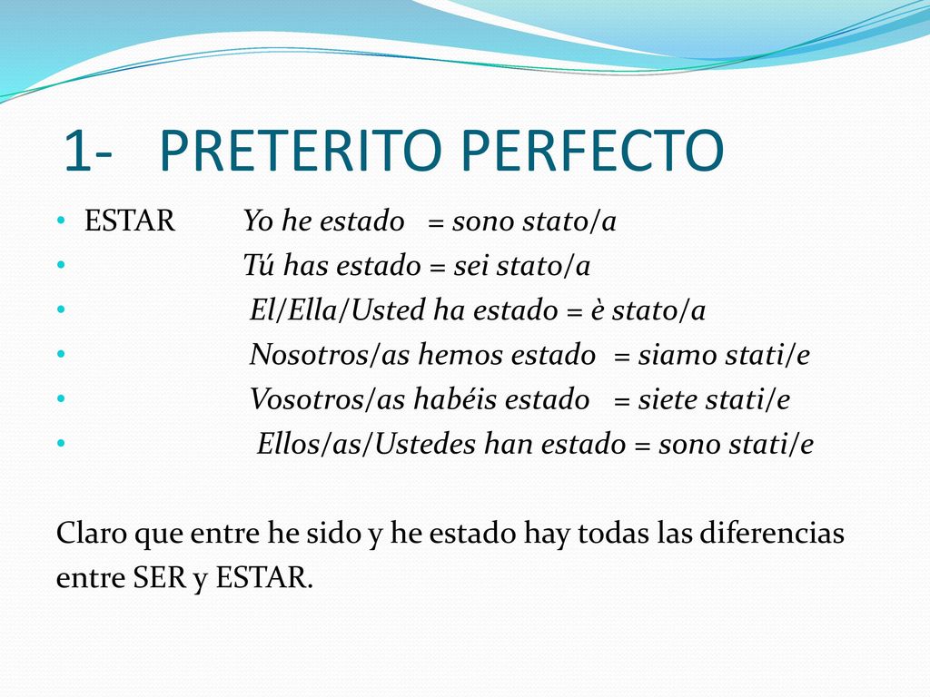 1- PRETERITO PERFECTO ESTAR Yo he estado = sono stato/a