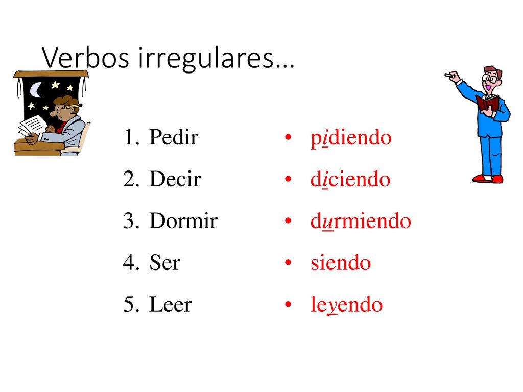 Verbos irregulares… Pedir Decir Dormir Ser Leer pidiendo diciendo