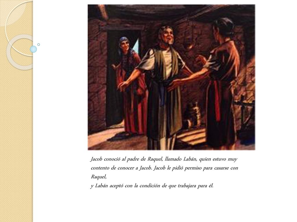 Jacob conoció al padre de Raquel, llamado Labán, quien estuvo muy contento de conocer a Jacob. Jacob le pidió permiso para casarse con Raquel,