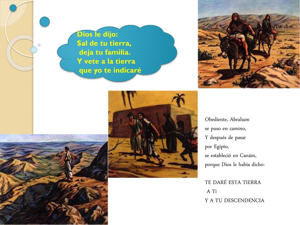 Dios le dijo: Sal de tu tierra, deja tu familia. Y vete a la tierra. que yo te indicaré. Obediente, Abraham.