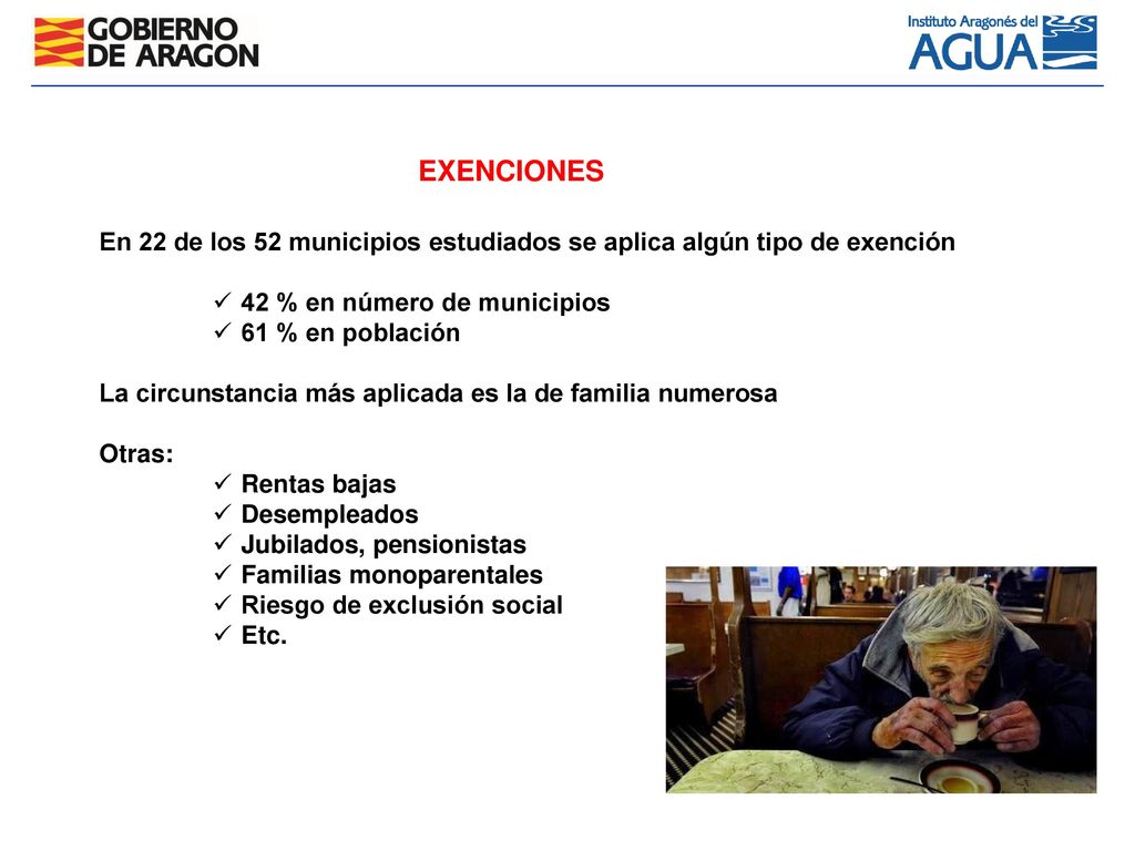 EXENCIONES En 22 de los 52 municipios estudiados se aplica algún tipo de exención. 42 % en número de municipios.