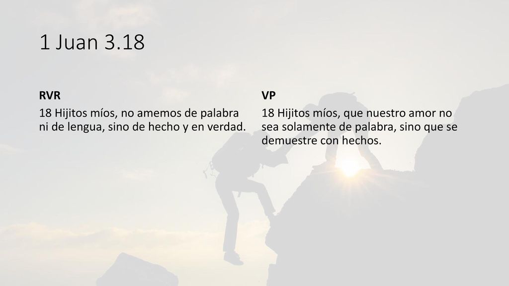 1 Juan 3.18 RVR. VP. 18 Hijitos míos, no amemos de palabra ni de lengua, sino de hecho y en verdad.