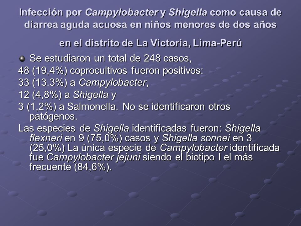 Infección por Campylobacter y Shigella como causa de diarrea aguda acuosa en niños menores de dos años en el distrito de La Victoria, Lima-Perú