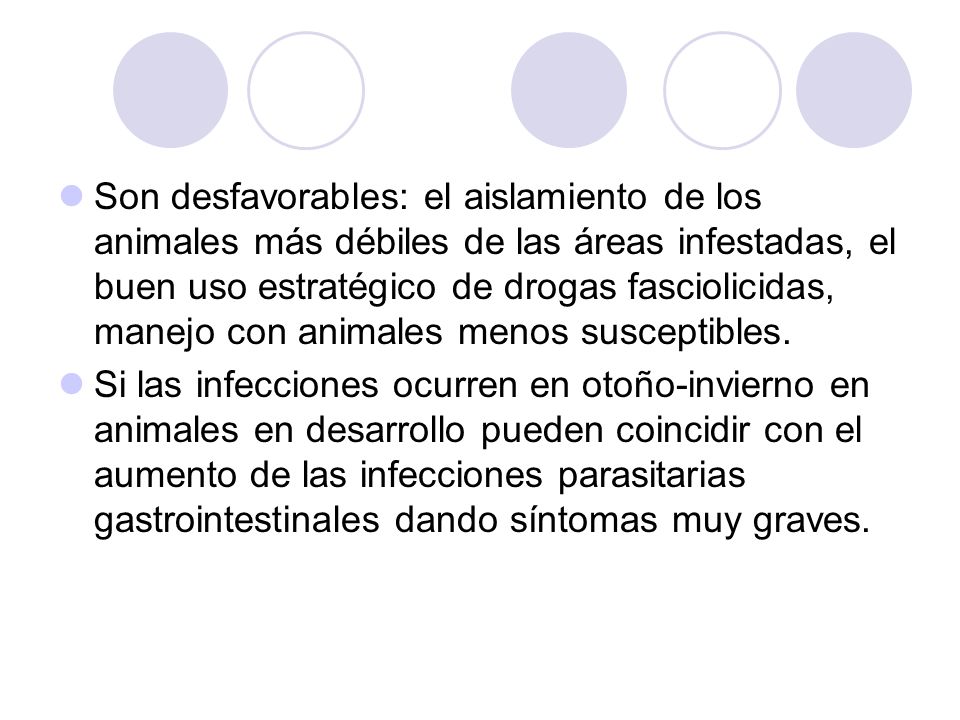 Son desfavorables: el aislamiento de los animales más débiles de las áreas infestadas, el buen uso estratégico de drogas fasciolicidas, manejo con animales menos susceptibles.