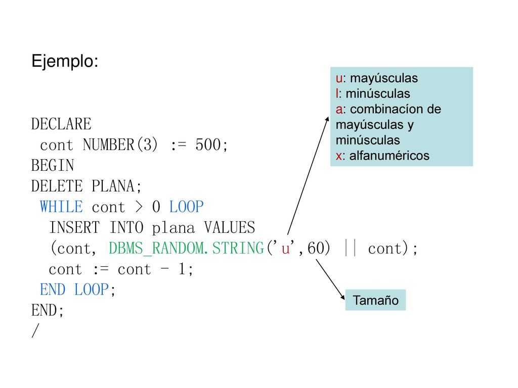INSERT INTO plana VALUES (cont, DBMS_RANDOM.STRING( u ,60) || cont);