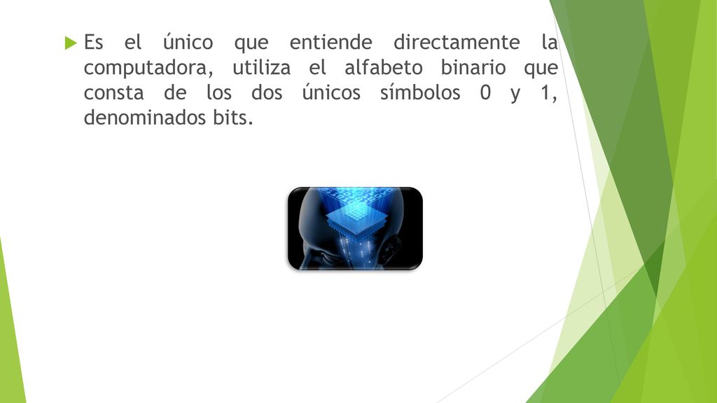 Es el único que entiende directamente la computadora, utiliza el alfabeto binario que consta de los dos únicos símbolos 0 y 1, denominados bits.