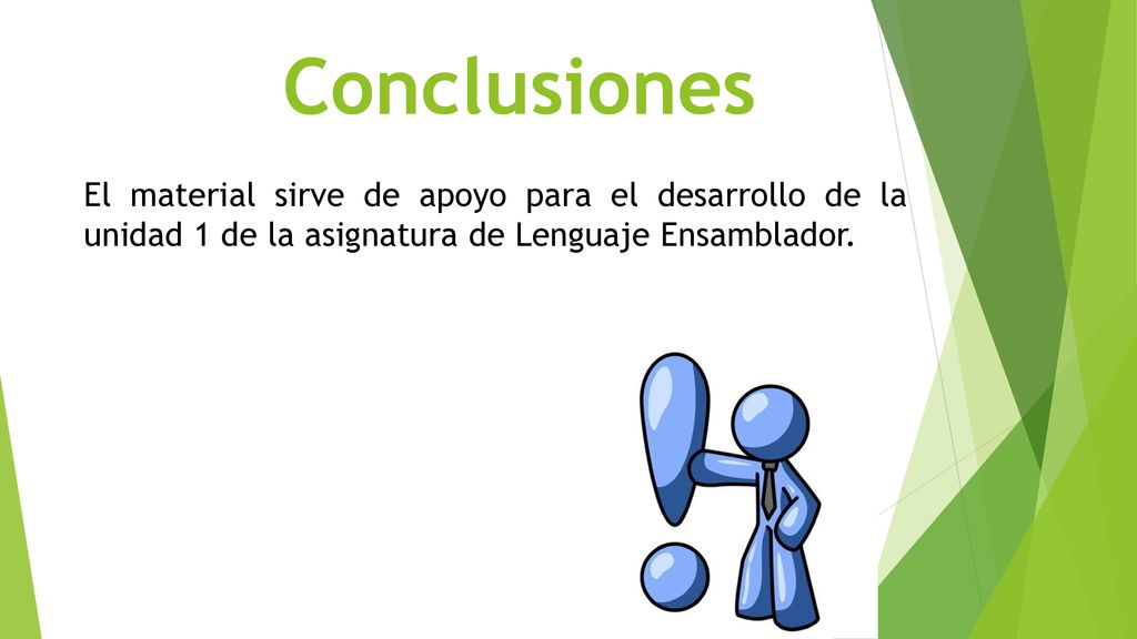 Conclusiones El material sirve de apoyo para el desarrollo de la unidad 1 de la asignatura de Lenguaje Ensamblador.