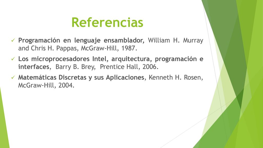 Referencias Programación en lenguaje ensamblador, William H. Murray and Chris H. Pappas, McGraw-Hill,