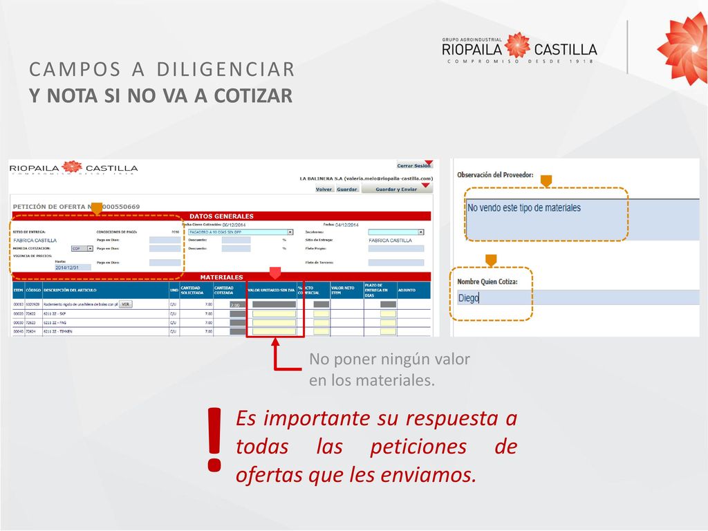 ! campos a diligenciar y nota si no va a cotizar