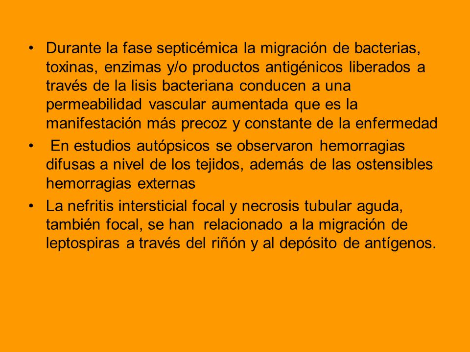 Durante la fase septicémica la migración de bacterias, toxinas, enzimas y/o productos antigénicos liberados a través de la lisis bacteriana conducen a una permeabilidad vascular aumentada que es la manifestación más precoz y constante de la enfermedad