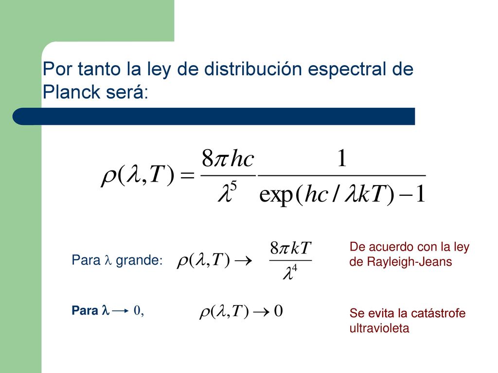 Por tanto la ley de distribución espectral de Planck será: