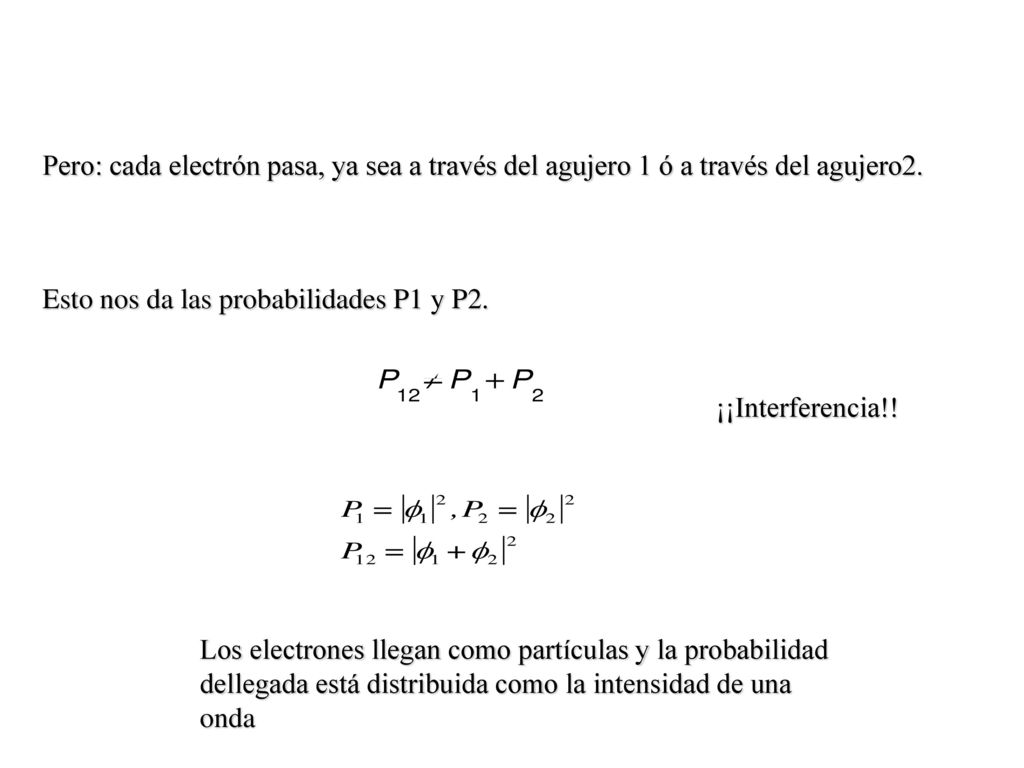 Pero: cada electrón pasa, ya sea a través del agujero 1 ó a través del agujero2.