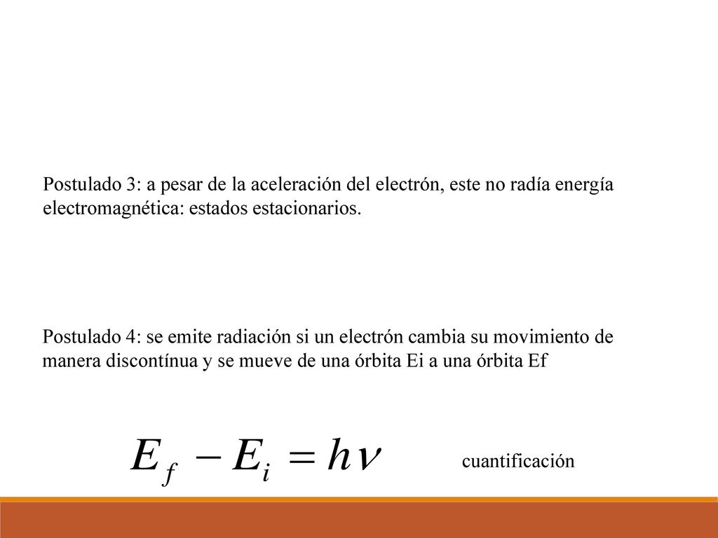 Postulado 3: a pesar de la aceleración del electrón, este no radía energía electromagnética: estados estacionarios.