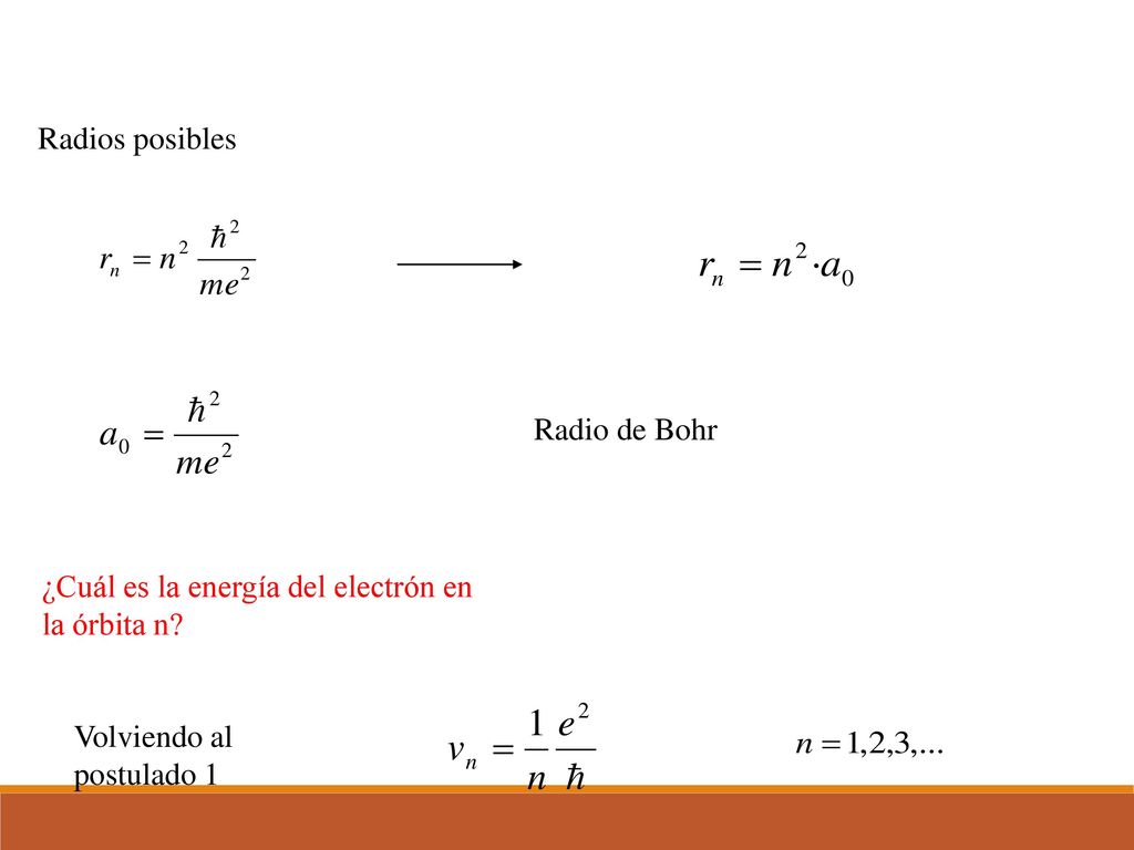 Radios posibles Radio de Bohr. ¿Cuál es la energía del electrón en la órbita n.
