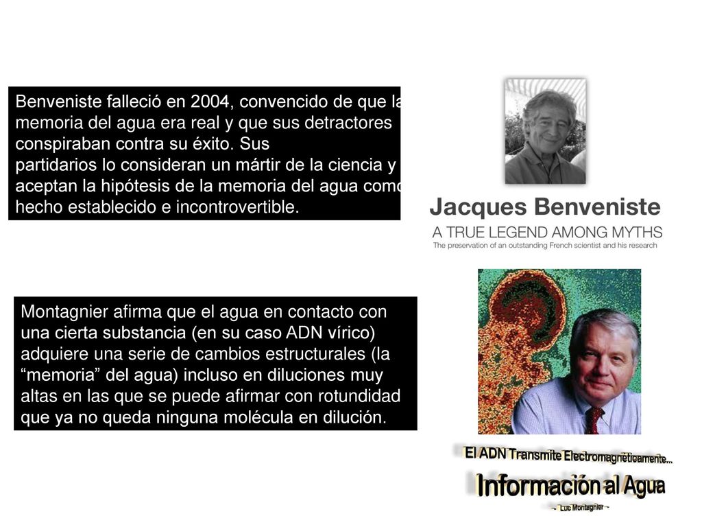Benveniste falleció en 2004, convencido de que la memoria del agua era real y que sus detractores conspiraban contra su éxito. Sus