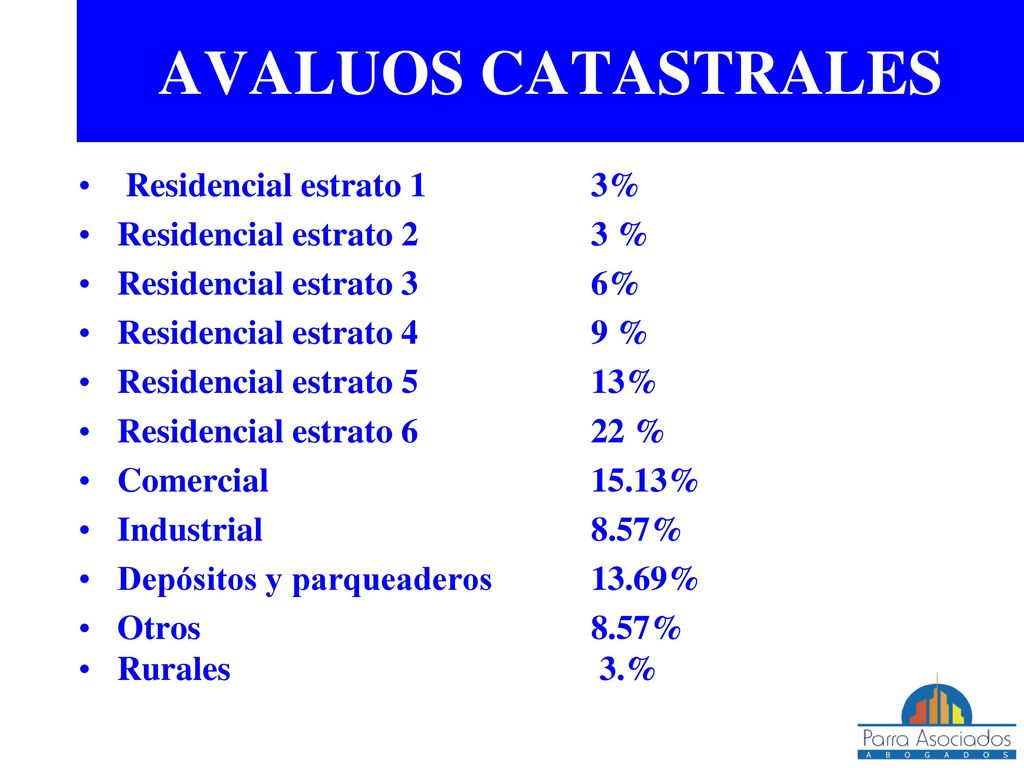 AVALUOS CATASTRALES Residencial estrato 1 3% Residencial estrato 2 3 %