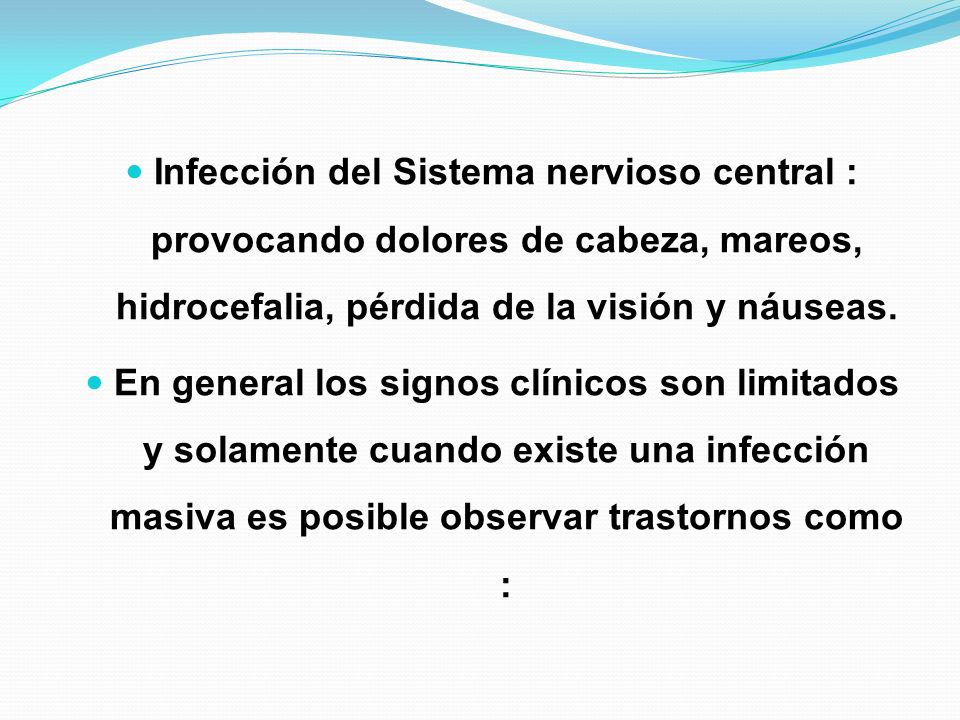 Infección del Sistema nervioso central : provocando dolores de cabeza, mareos, hidrocefalia, pérdida de la visión y náuseas.