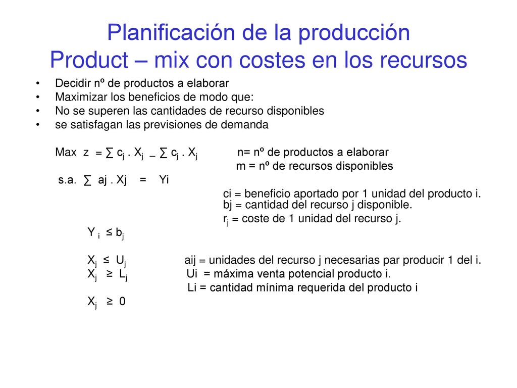 Planificación de la producción Product – mix con costes en los recursos