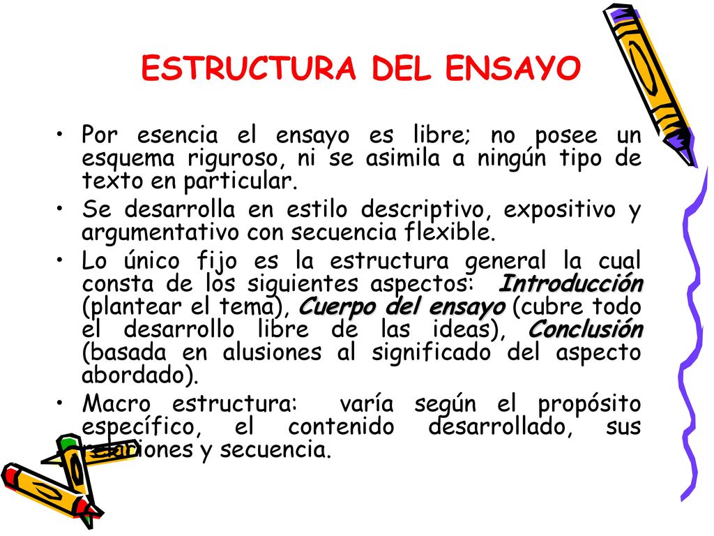 ESTRUCTURA DEL ENSAYO Por esencia el ensayo es libre; no posee un esquema riguroso, ni se asimila a ningún tipo de texto en particular.