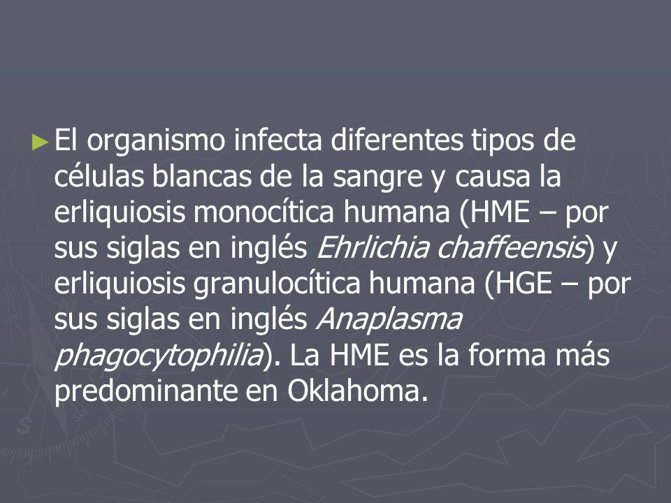 El organismo infecta diferentes tipos de células blancas de la sangre y causa la erliquiosis monocítica humana (HME – por sus siglas en inglés Ehrlichia chaffeensis) y erliquiosis granulocítica humana (HGE – por sus siglas en inglés Anaplasma phagocytophilia).