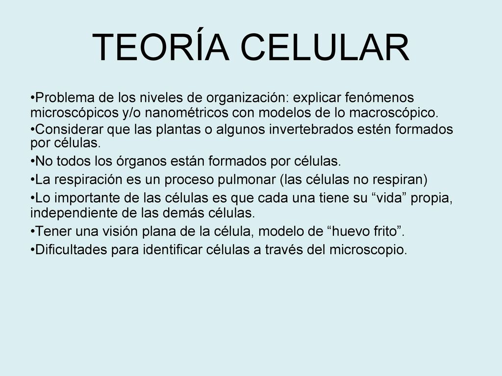 TEORÍA CELULAR Problema de los niveles de organización: explicar fenómenos microscópicos y/o nanométricos con modelos de lo macroscópico.