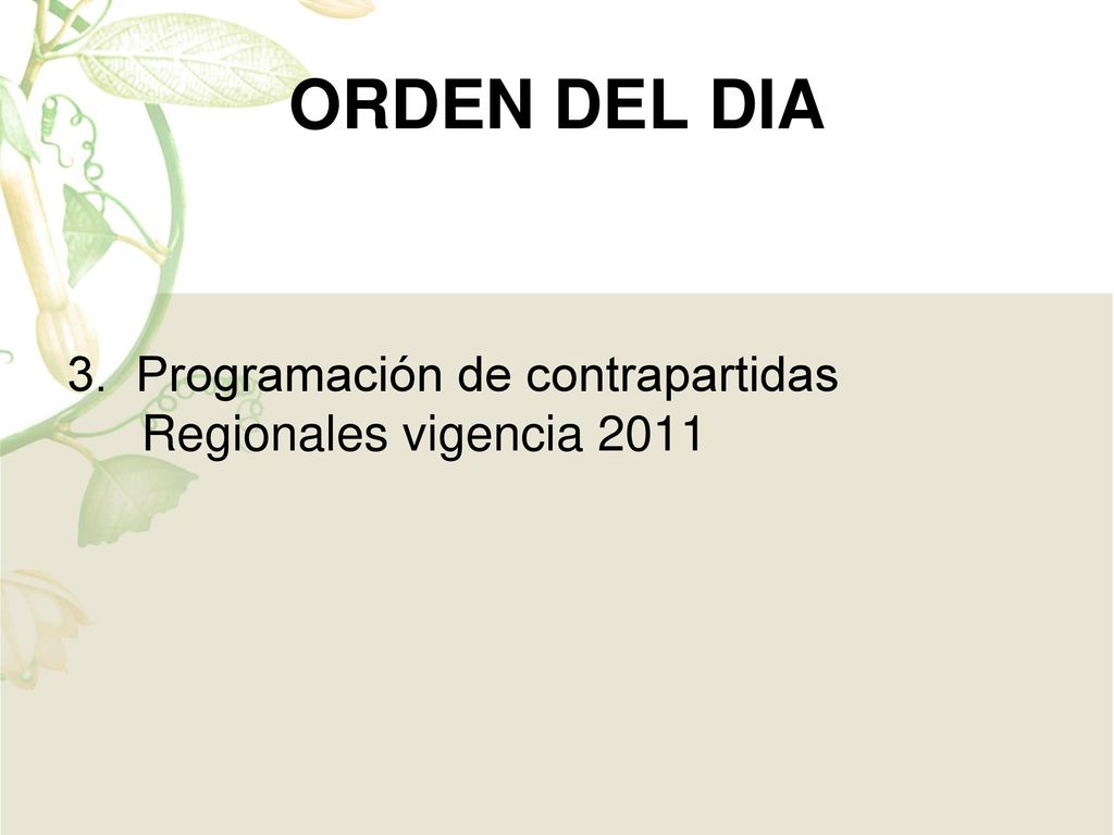 ORDEN DEL DIA 3. Programación de contrapartidas Regionales vigencia 2011