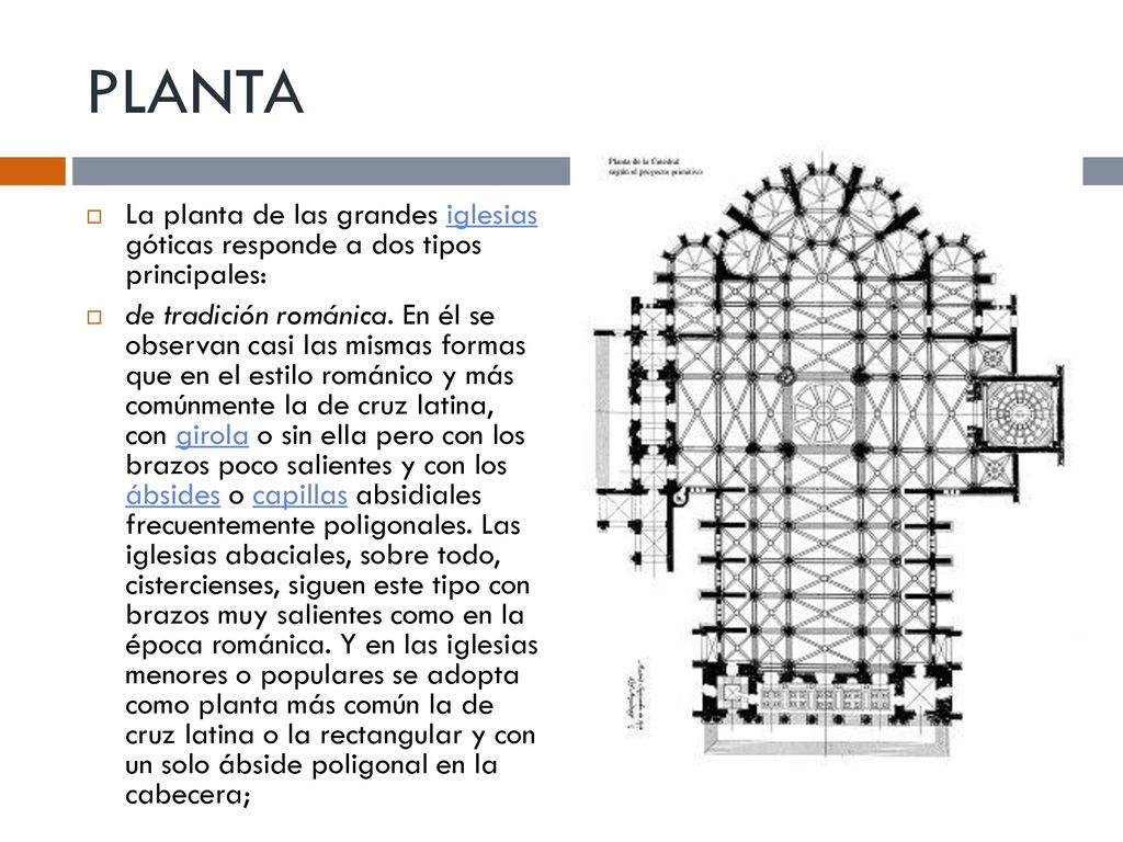 PLANTA La planta de las grandes iglesias góticas responde a dos tipos principales: