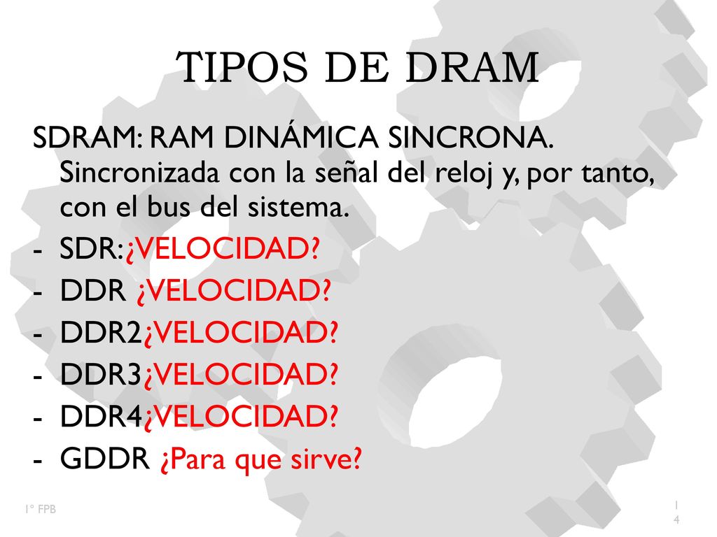 TIPOS DE DRAM SDRAM: RAM DINÁMICA SINCRONA. Sincronizada con la señal del reloj y, por tanto, con el bus del sistema.