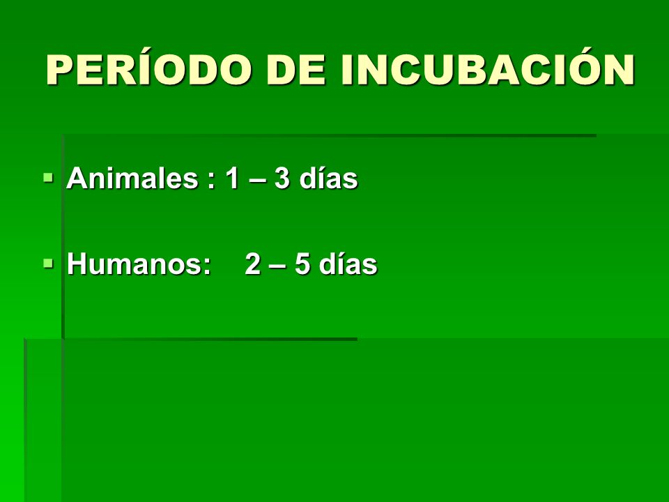 PERÍODO DE INCUBACIÓN Animales : 1 – 3 días Humanos: 2 – 5 días