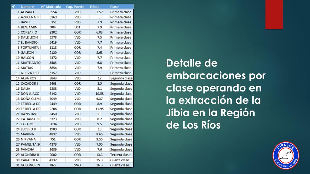 Detalle de embarcaciones por clase operando en la extracción de la Jibia en la Región de Los Ríos