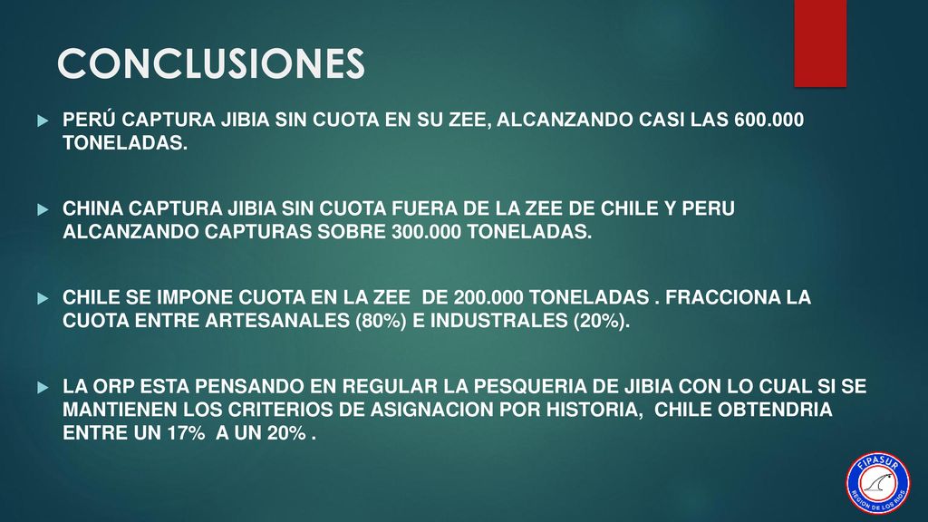 CONCLUSIONES PERÚ CAPTURA JIBIA SIN CUOTA EN SU ZEE, ALCANZANDO CASI LAS TONELADAS.