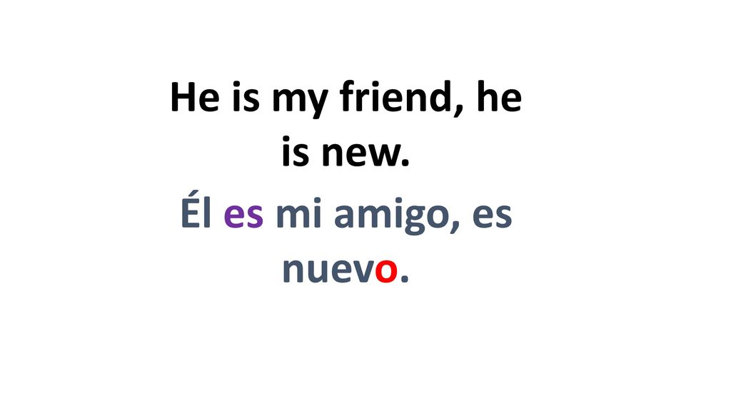 He is my friend, he is new. Él es mi amigo, es nuevo.