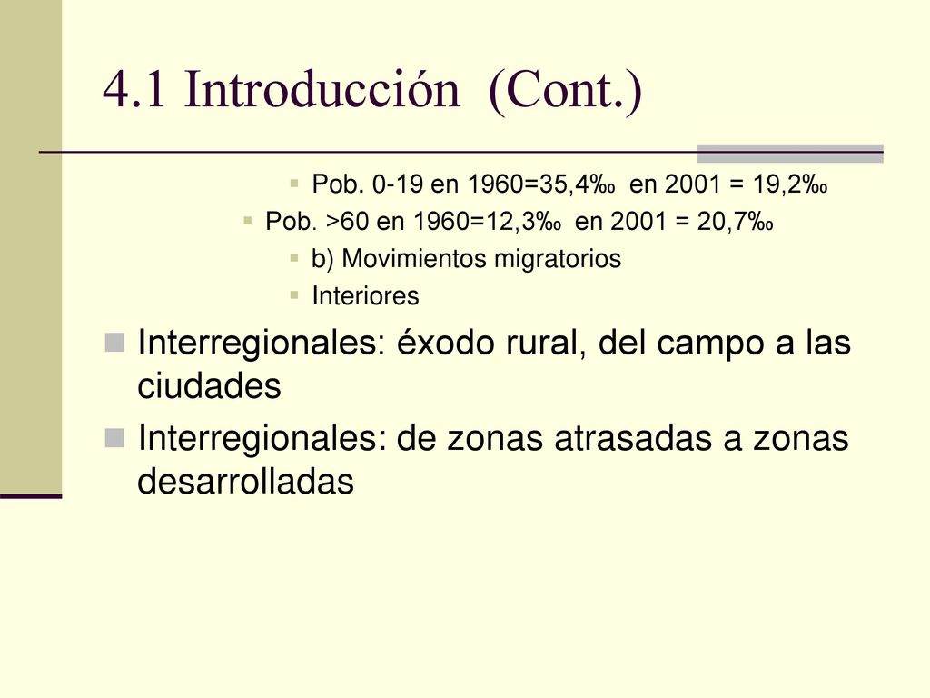 4.1 Introducción (Cont.) Pob en 1960=35,4‰ en 2001 = 19,2‰ Pob. >60 en 1960=12,3‰ en 2001 = 20,7‰