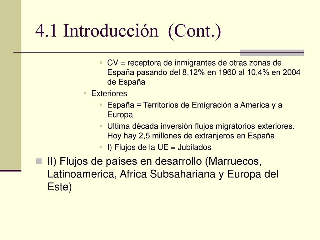 4.1 Introducción (Cont.) CV = receptora de inmigrantes de otras zonas de España pasando del 8,12% en 1960 al 10,4% en 2004 de España.