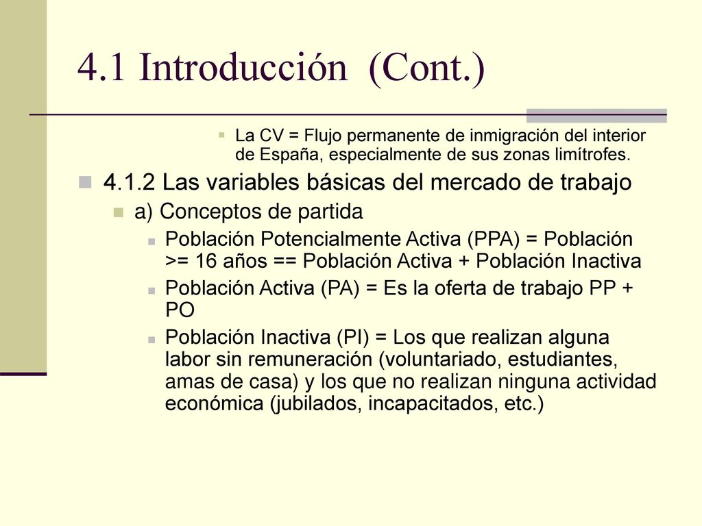 4.1 Introducción (Cont.) La CV = Flujo permanente de inmigración del interior de España, especialmente de sus zonas limítrofes.