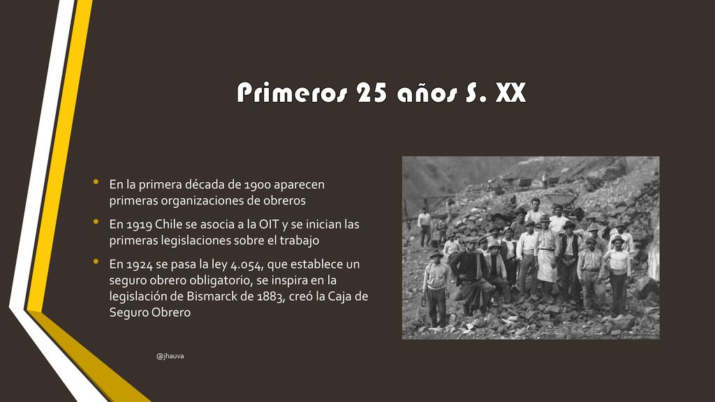 Primeros 25 años S. XX En la primera década de 1900 aparecen primeras organizaciones de obreros.